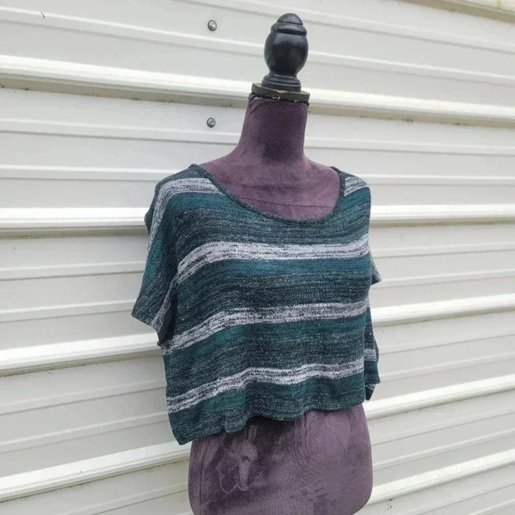 Bongo Women's Green Striped Crop Top Lace Back Knit Sweater BOHO Sz M - Picture 2 of 9
